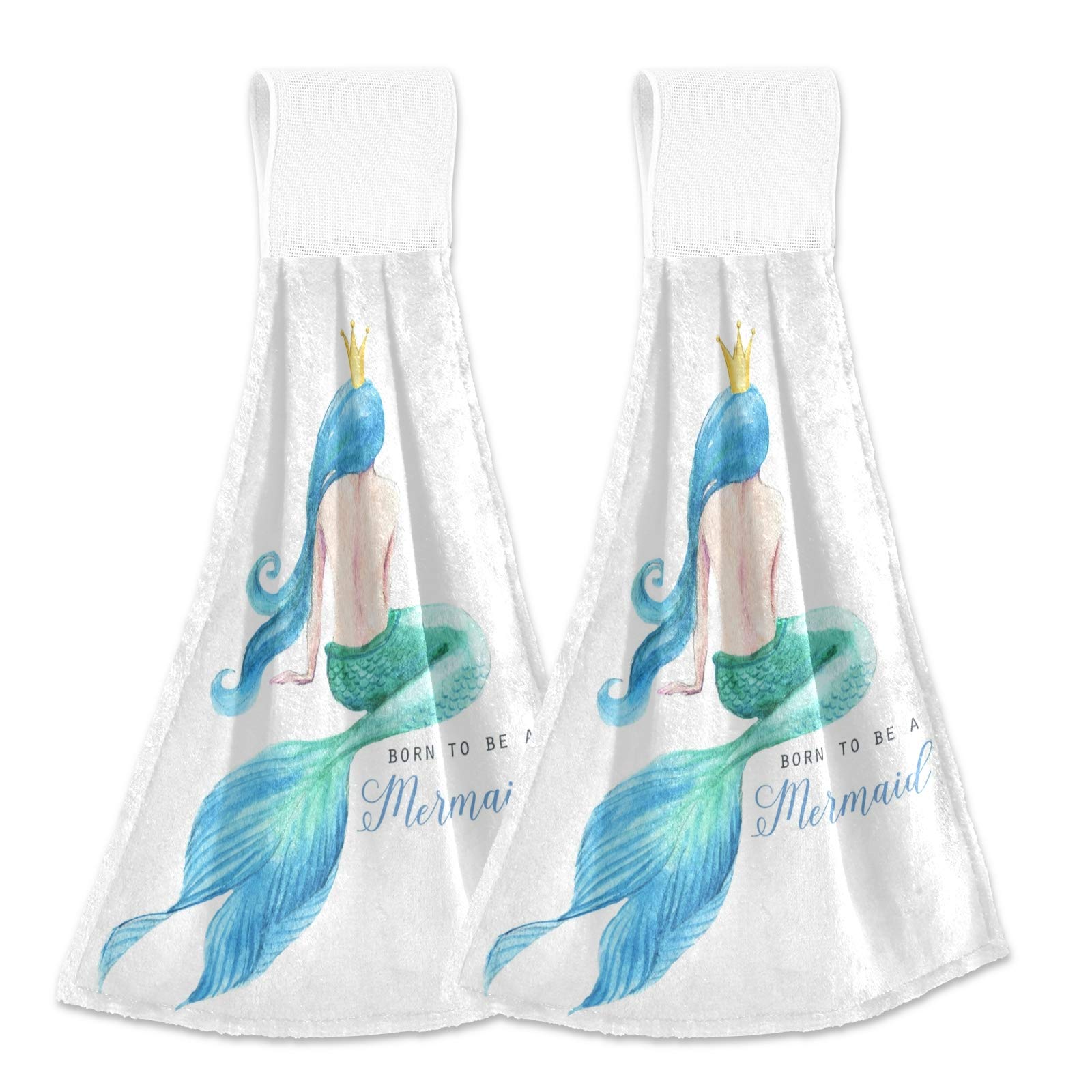 Girl Mermaid Scale Kitchen Hanging Towel 12 x 17 Inch Golden Crown Sea Fish Tail Hand Tie Towels Set 2 Pcs Tea Bar Dish Cloths Dry Towel Soft Absorbent Durable for Bathroom Laundry Room Decor