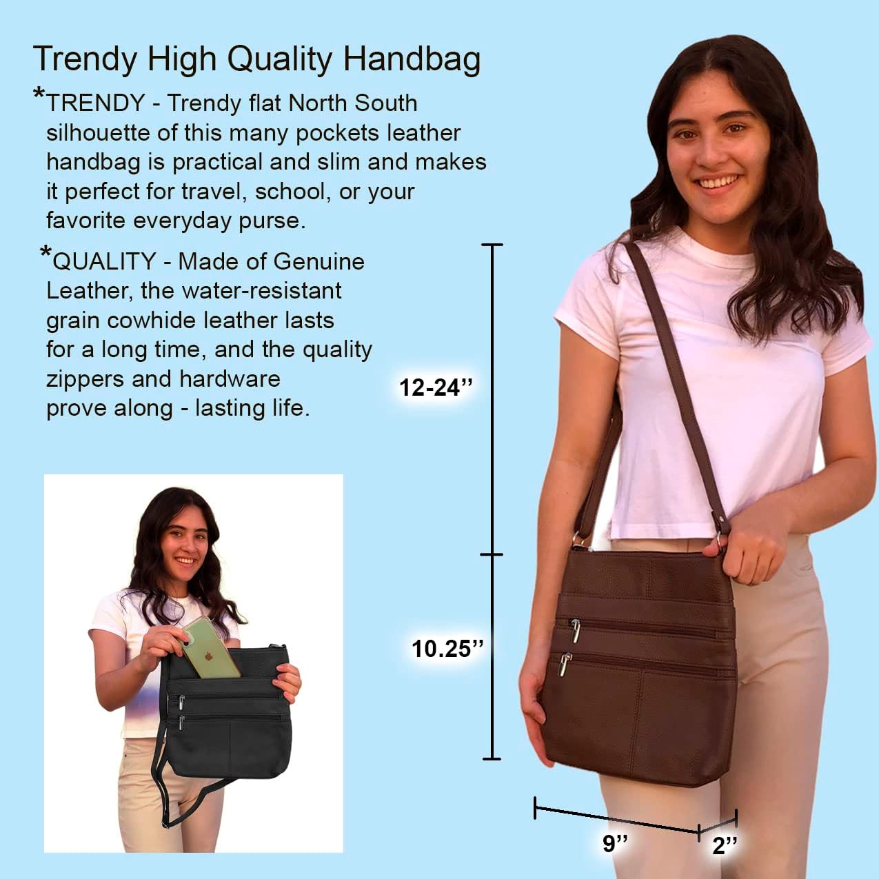 Silver Fever Women’s Leather Large Crossbody Travel College Student Indie Style Handbag Water Resistant