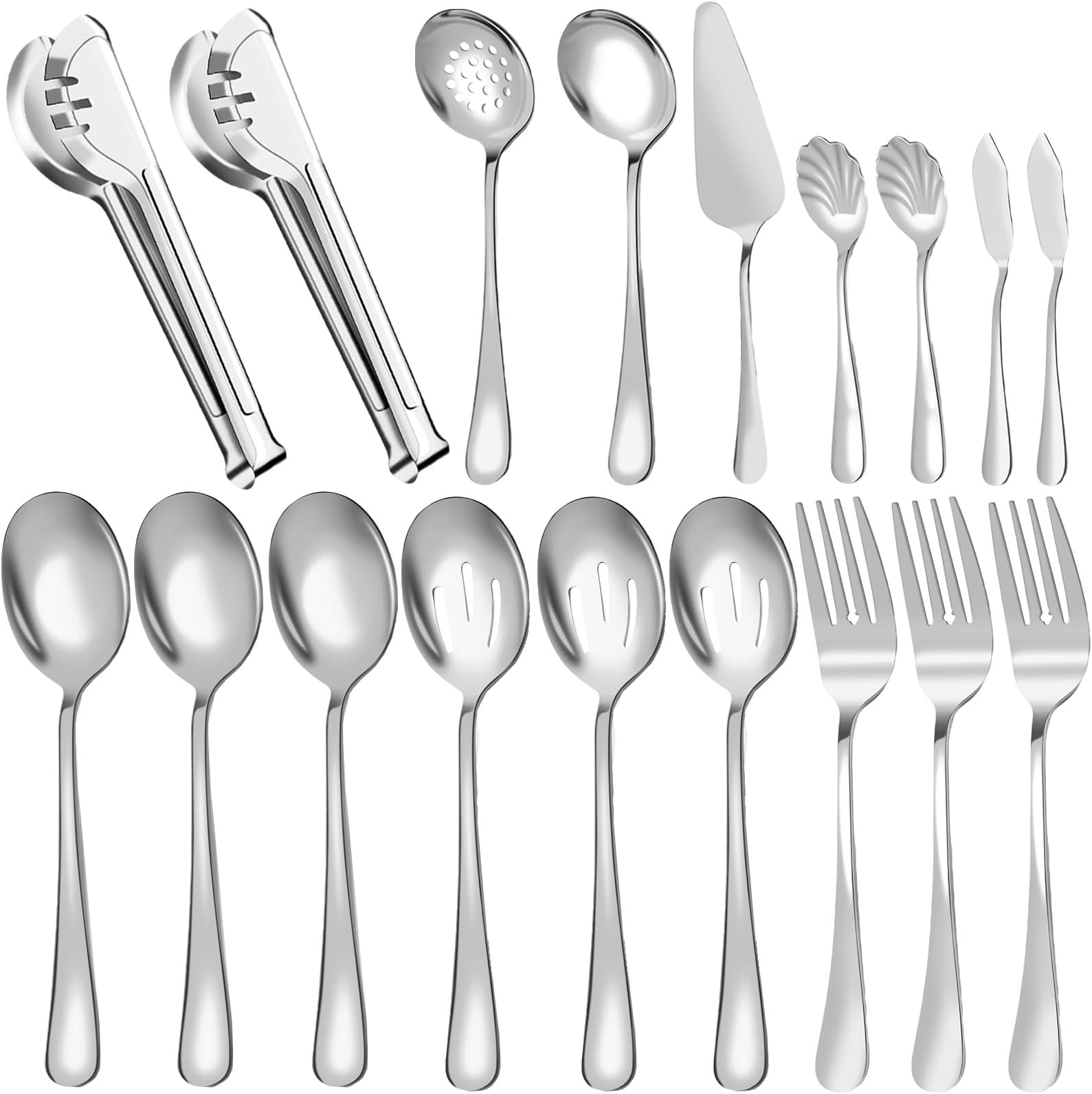 Serving Utensils Set for Buffet, 18 Pack Stainless Steel Serveware, Large Spoons, Slotted Spoon, Forks, Tongs, Butter Knife, Shell Spoons, Soup Ladle, Pie Server, for Party Festival Family, Silver