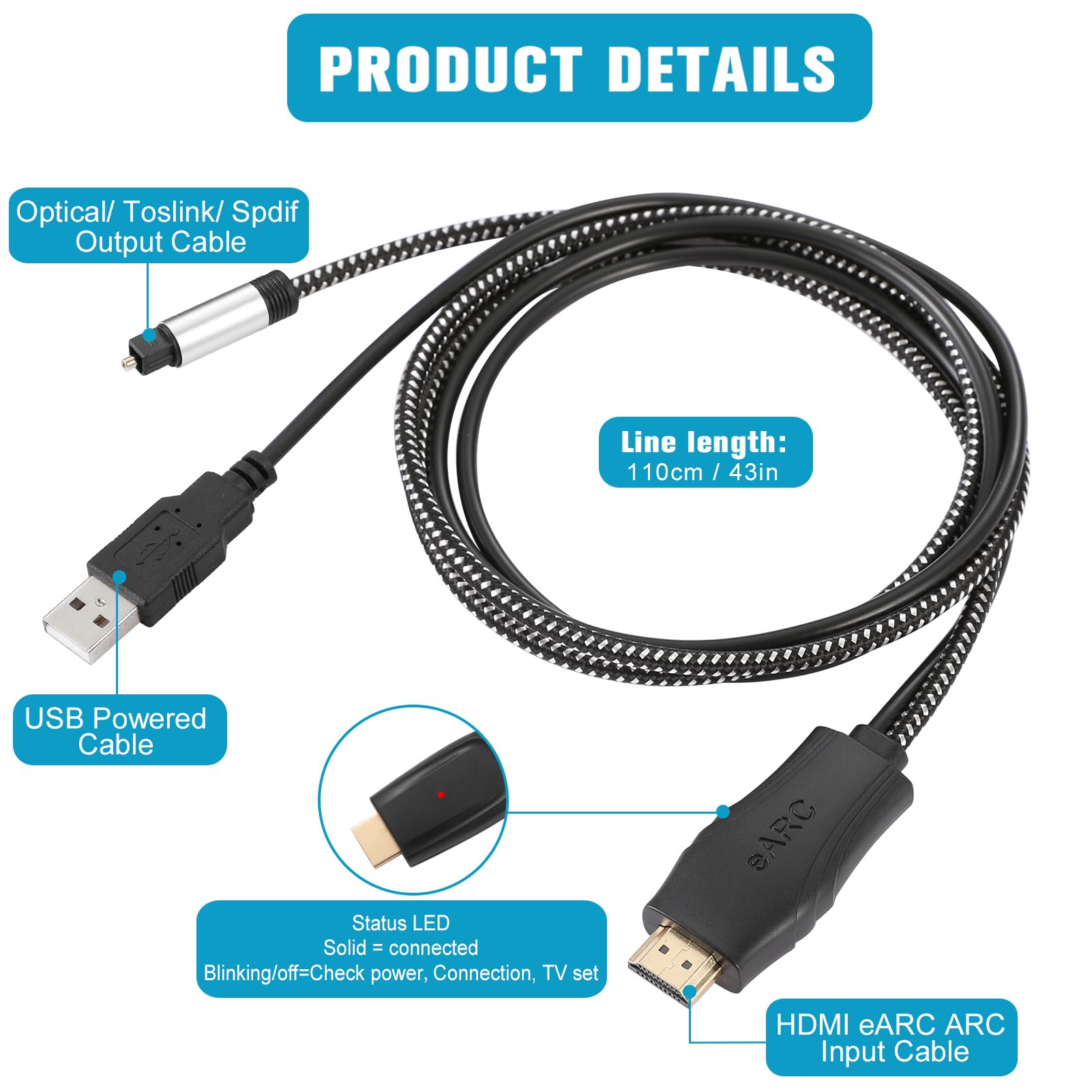 UNSTINCER HDMI eARC ARC zu Optisch Audio Konverter, Kabel 110cm/43in,HDMI Extractor Wandler Adapter für TV zu Lautsprecher Heimkino Soundbar, USB Powered 192kHz 24Bit Dolby DTS 5.1 PCM 2.0