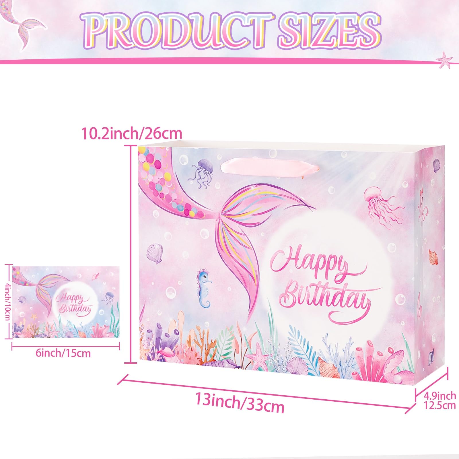 WERNNSAI Mermaid Birthday Bag – 13” Large Birthday Gift Bags for Girls with Greeting Card, Tissue Paper and Handles – Mermaid Gift Bag for Girls' Party