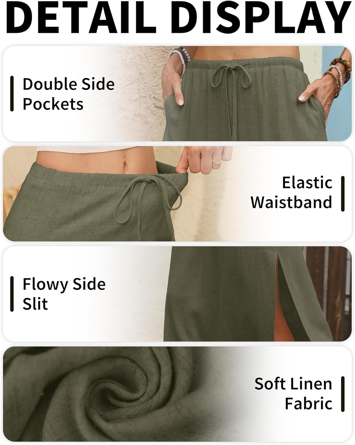 ELLEVEN Linen Straight Maxi Skirt with Side Slit - Elastic Waist Drawstring Long Flowy Ankle-Length Skirt with Pockets - Image 6