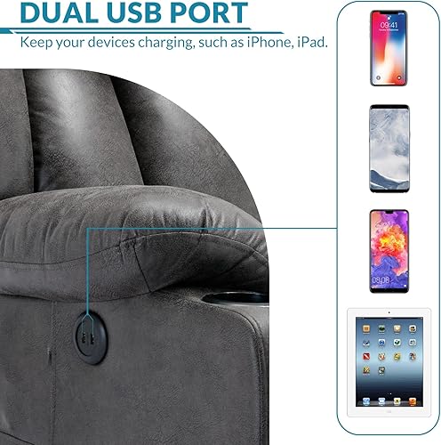 Miniatura 7 de Silla reclinable manual giratoria de 360 grados con masaje y calor, puertos USB, bolsillos laterales y portavasos (gris)