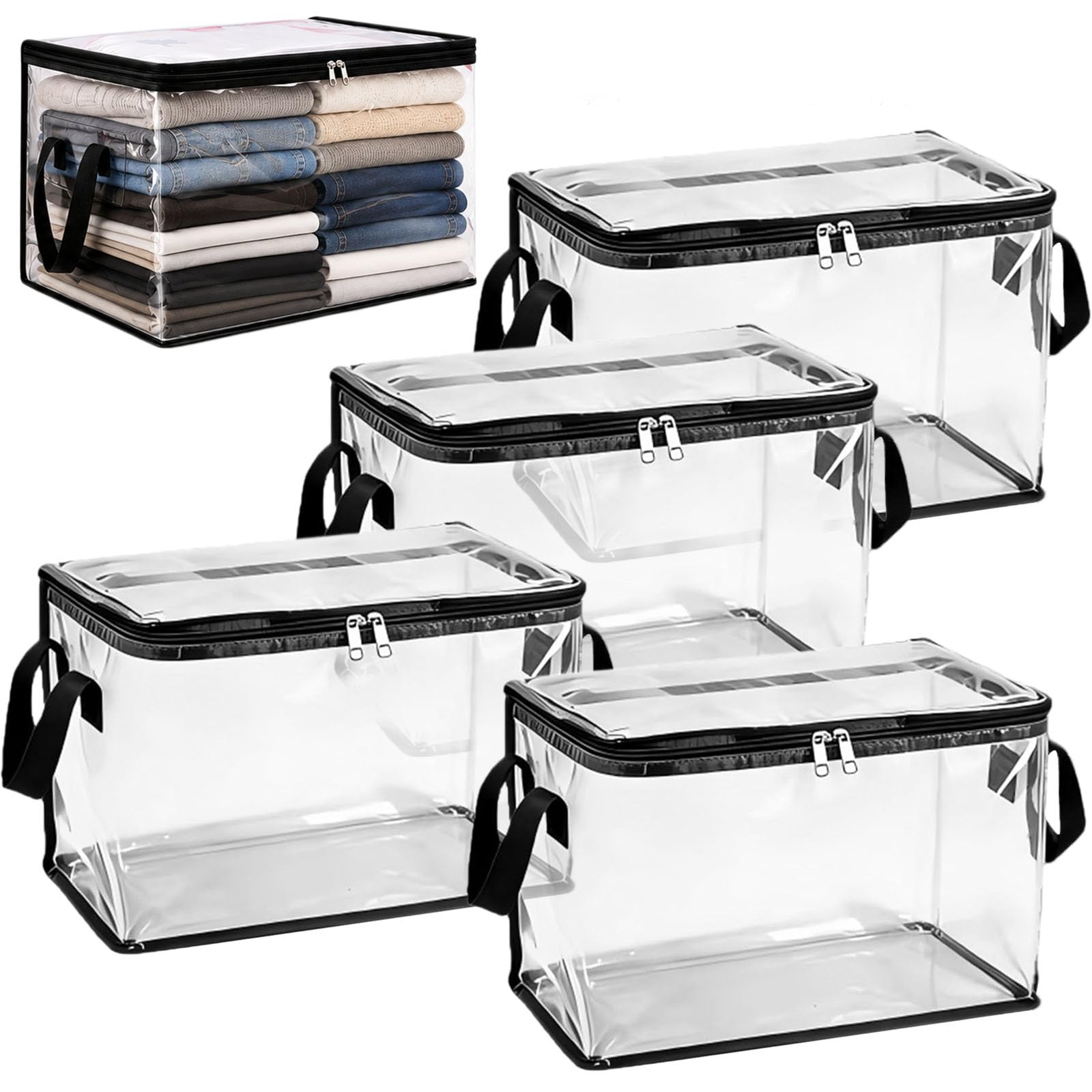 Large Heavy-Duty Thick Plastic Clear Storage Bag for Clothes, Moving & Storage, Massive Capacity Stackable Foldable Clear Moving Totes with Reinforced Handles & Zipper (4pcs)