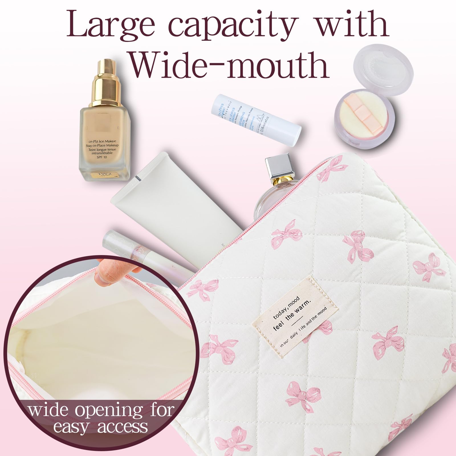 YRWE 3Pcs Quilted Makeup Bag Set, Cute Floral Cotton Cosmetic Bag, Coquette Bow Make up Bag Large Travel Toiletry Bag - Image 3