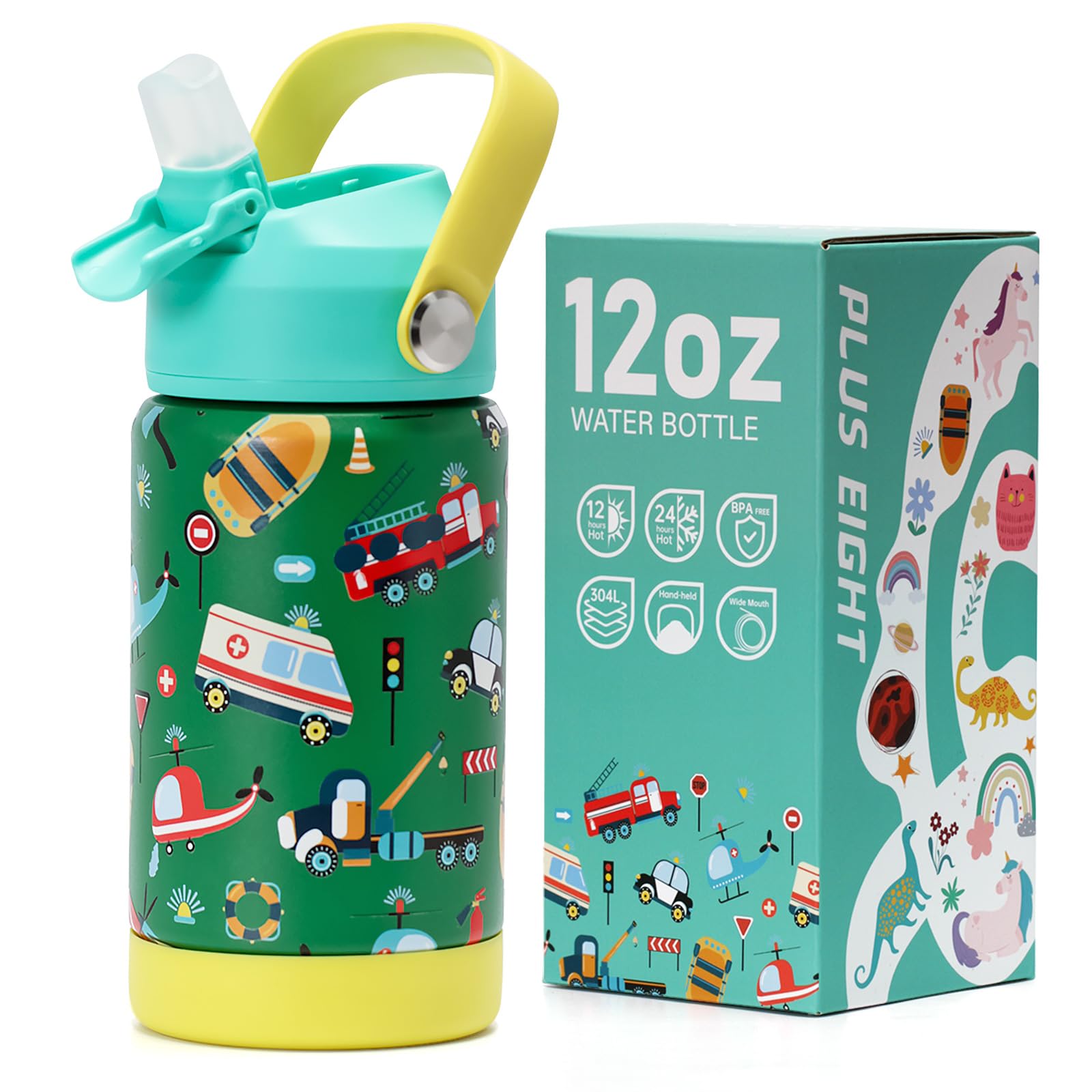 pluseight Kids Insulated Water Bottle with Straw Lid, 12 oz BPA-Free Double Wall Vacuum Tumbler 18/8 Stainless Steel Leak Proof Kids Cups with Straw for School Travel Boys Girls (Car) — image 1