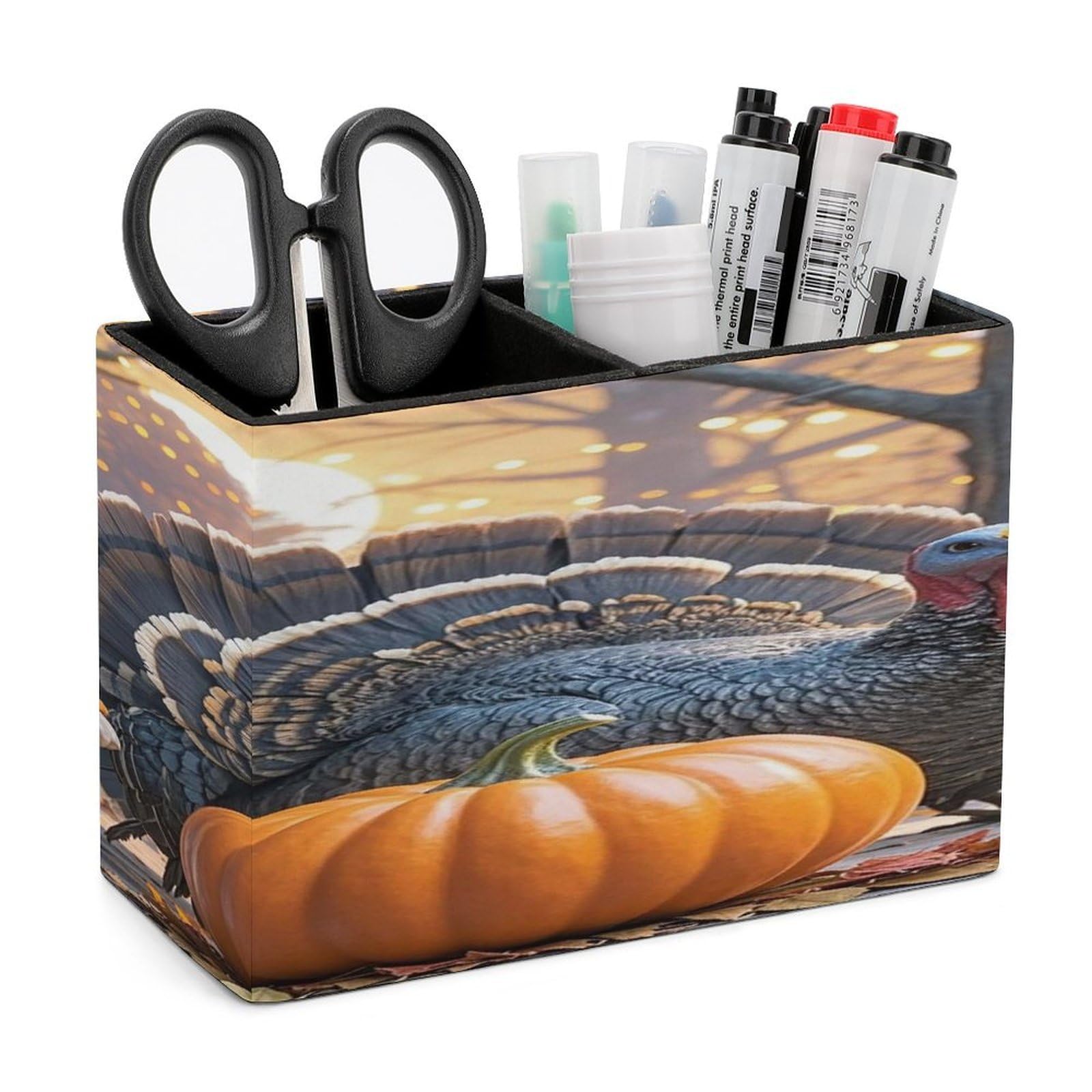 LZQPOEAS Turkey Dinner Day Leather Pen Holder with 2 Compartments Luxury Pencil Holder Minimalist Pencil Cup Brush Scissor Holders Elegant Pen Cup for Office Home Desk Accessories