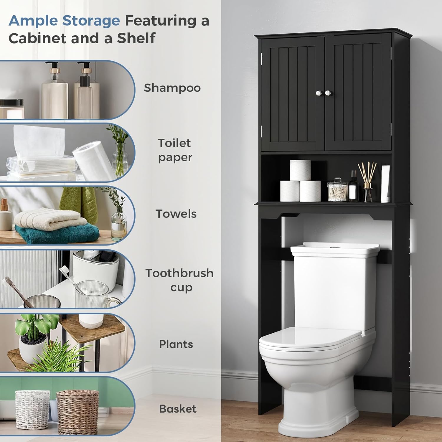 DUMOS Over the Toilet Storage Cabinet, Bathroom Storage Cabinet Over Toilet with Double Doors and Adjustable Shelf, Freestanding Toilet Rack for Bathroom, Black