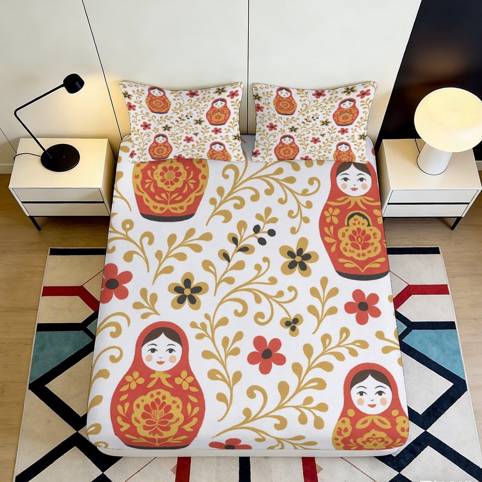3D Printed Matryoshka Doll Fitted Sheet Microfiber Soft Floral Russian Nesting Bed Cover for Bedroom Dorm Mattress Decor 90x200x25cm