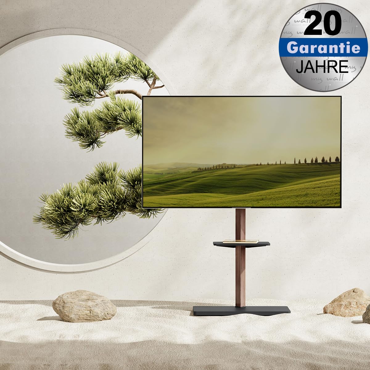 my wall Supporto per TV regolabile in altezza, HP119L, Porta TV da Parete con Mensola, Design in Legno, con Ripiano per Accessori, Inclinabile, Supporto VESA con Gestione dei Cavi