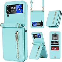Vista 12 de Funda de lujo con cremallera para Samsung Galaxy Z Flip 4, con función atril, tarjetero ajustable, correa cruzada ajustable, funda con tapa a