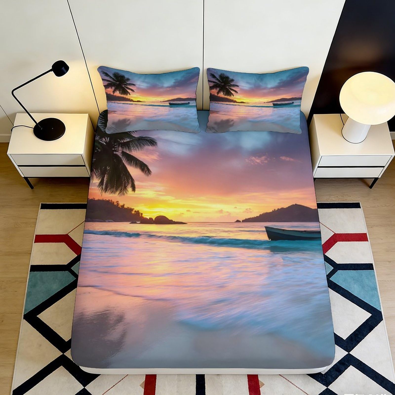 Pnayamiorkfel Style-4 3D Printed Sunset Beach Fitted Sheet Microfiber Soft Breathable Palm Tree Mattress Cover For Bedroom Guest Room Decor 90X200x25cm