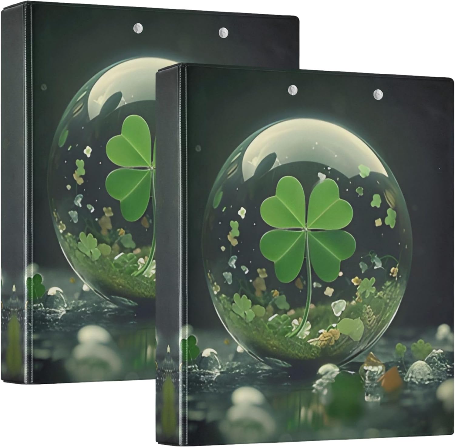 Green Clover Shamrock 3 Ring Binders, 1.5” Round Ring Binders with Clipboard - Letter Size, 3 Interior PVC Clear Pockets & Anti-Slip Clip for Office School Supplies, 2PCS