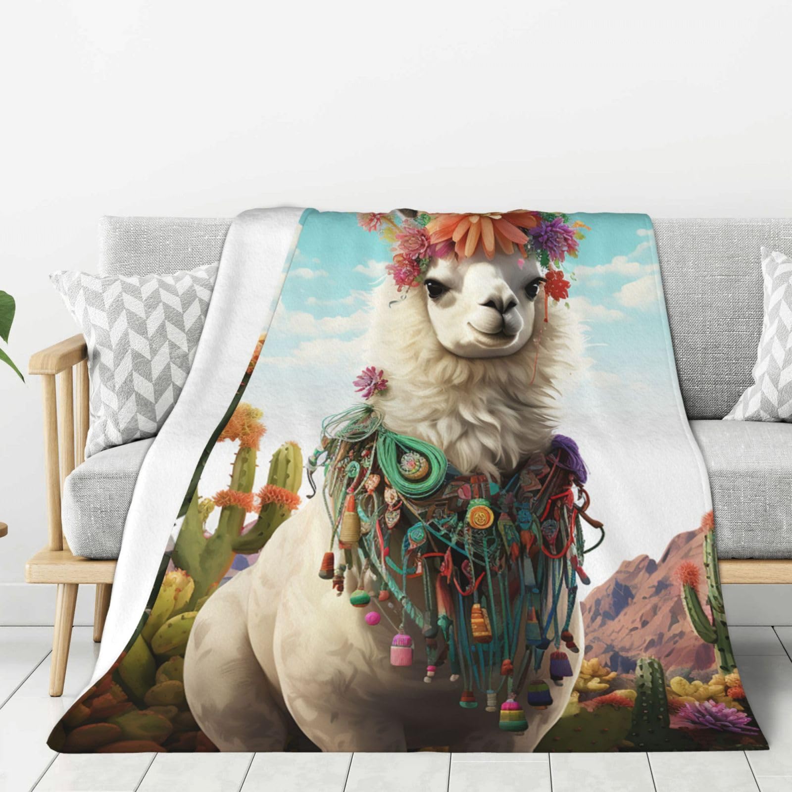 Mexican Llama Cactus Throw Blanket Plush Flannel Fleece Blanket, Soft Lightweight Cozy Blankets 80"X60" for Bed Couch Sofa Travel