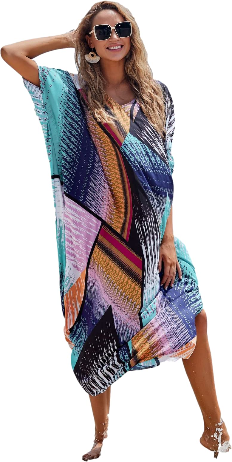 Venasha Womens Caftan Floral Print Kaftan Dress Short Sleeve Swimsuit Cover up Loungewear for Summer