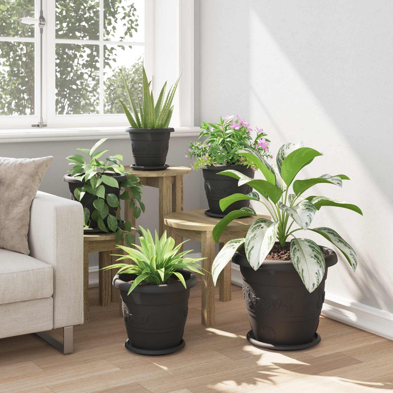 24er Set Blumentöpfe Schwarz Ø 30 x 25 cm, Runde Pflanzgefäße aus Kunststoff für Innen und Außen, Moderne Pflanzkübel mit Entwässerungslöchern für Garten Balkon und Terrasse