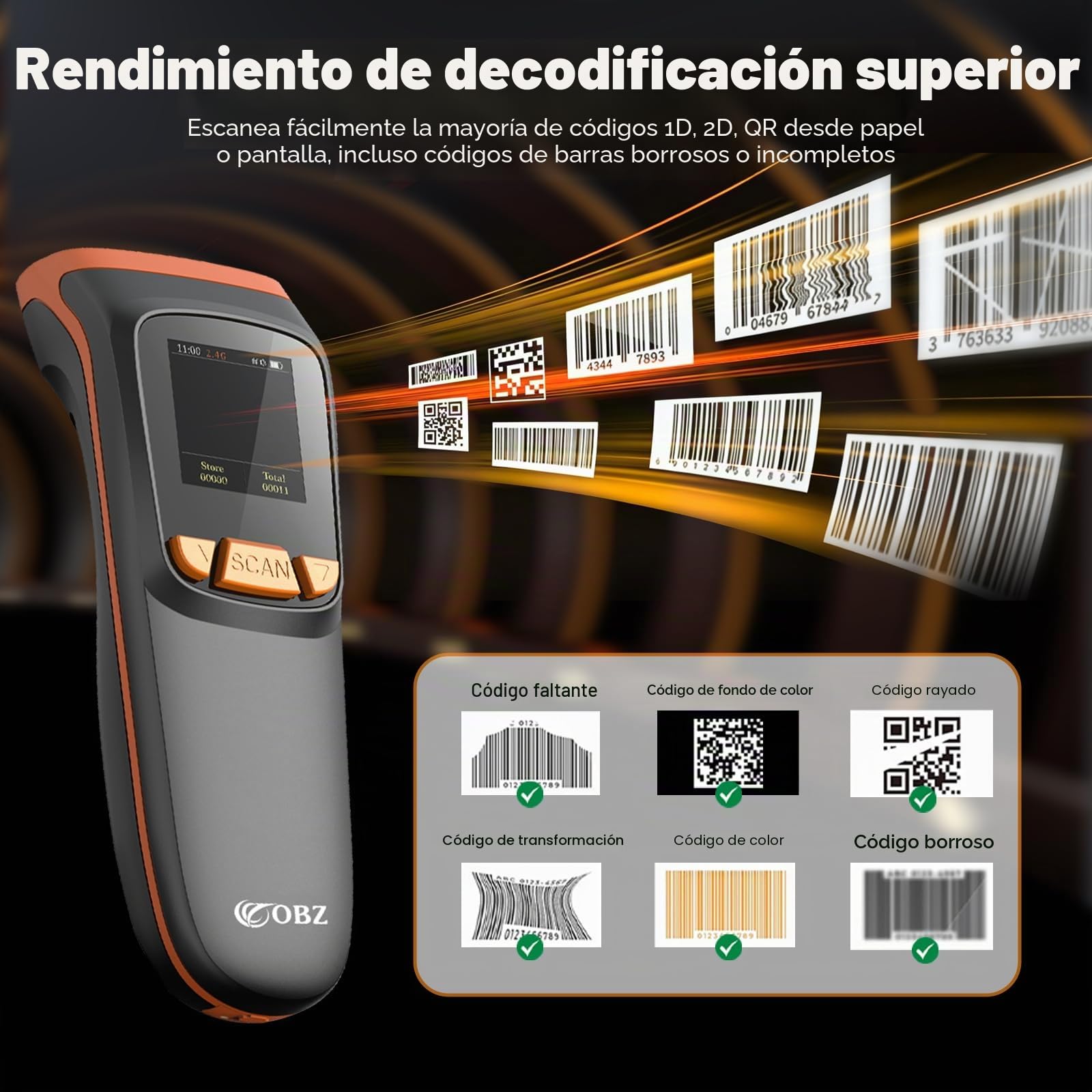 OBZ Lector Código de Barras Inalámbrico 2D 1D con Pantalla LCD, QR Escáner Bluetooth 3 en 1 (USB+2.4G) Portátil Pistola para Inventario Almacén Logística, Compatible con iOS Android Windows