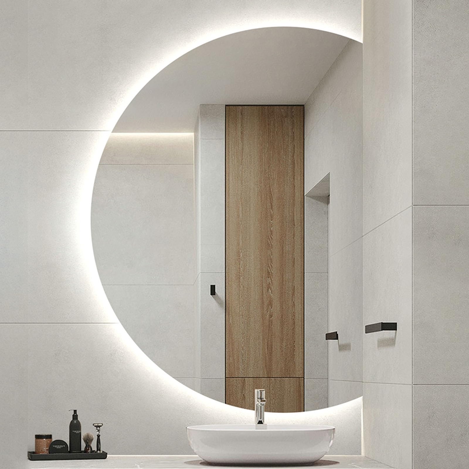 SXFSDOU 35" 39" LED Semicircle Smart Bathroom Mirror with 3 Colors Light, 47" 51" Frameless Half-moon Wall-mounted Makeup Mirror, Touch Switch(Right Cut,90x60cm/35x24in)