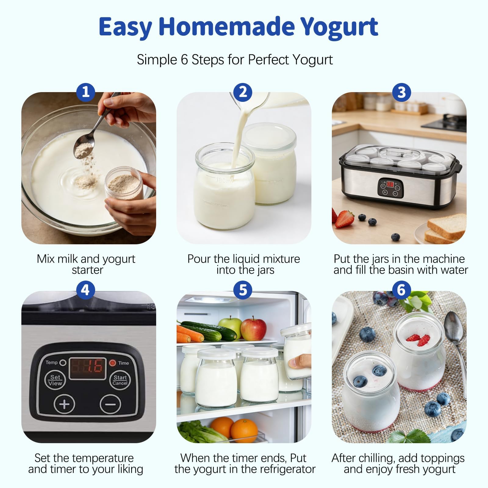 Yogurtera Eléctrica con 8 Tarros De Vidrio | Temporizador ajustable y temperatura precisa para preparar yogur orgánico, natto y postres caseros saludables
