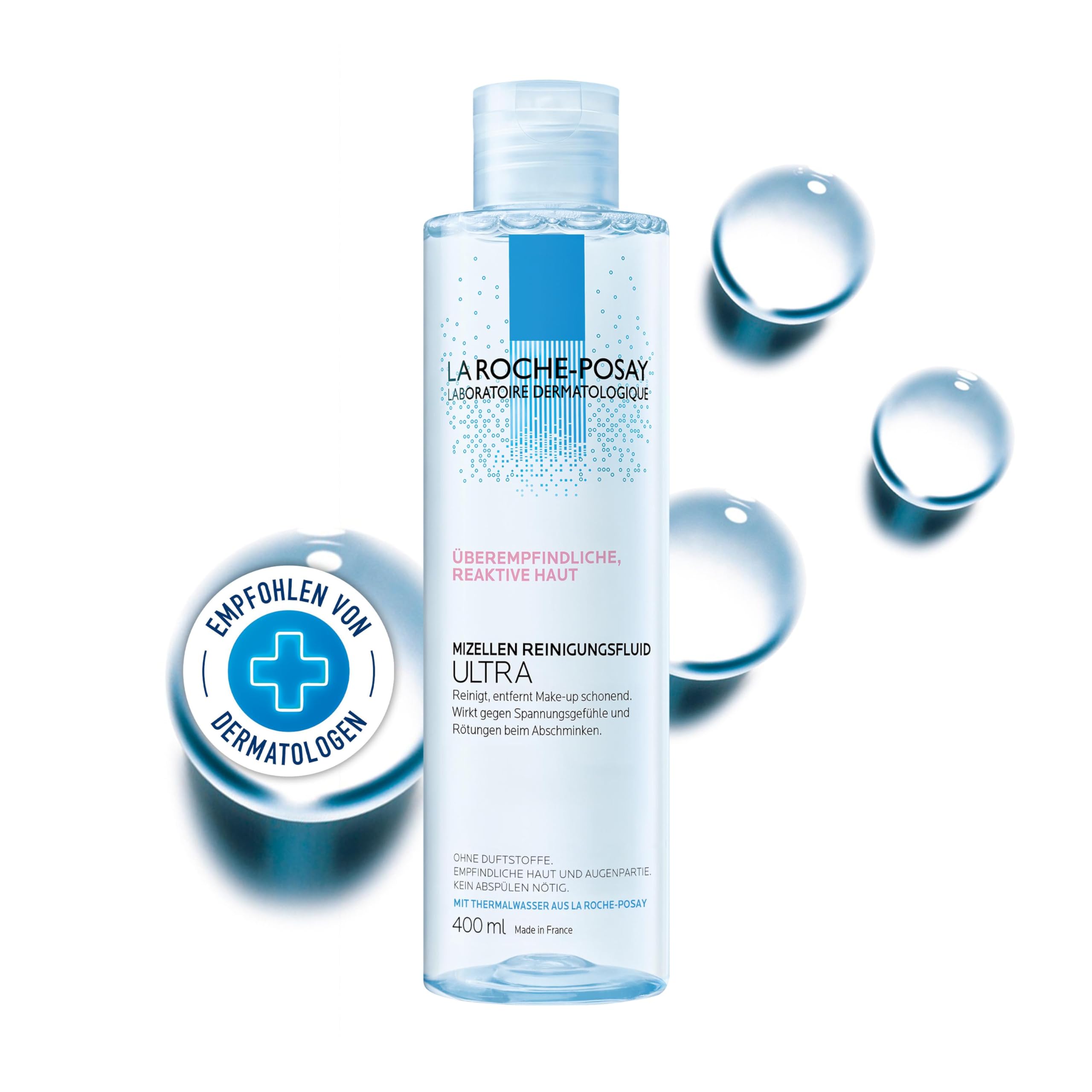 La Roche Posay Mizellen-Reinigungsfluid Ultra für überempfindliche, reaktive Haut, Gesichtsreinigung und Make-up-Entferner ohne Alkohol und Duftstoffe, Mizellenwasser, Gesichtswasser, 400 ml