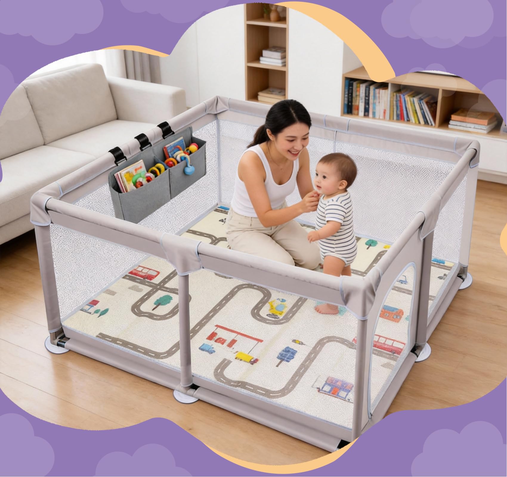 Laufstall Baby 120x120 cm mit Spielmatte und 2 Aufbewahrungstaschen,Laufgitter Baby mit Matratze,Baby Playpen aus 600D Oxford,Atmungsaktives Laufgitter,Sicherer Spielbereich für Babys und Kleinkinder