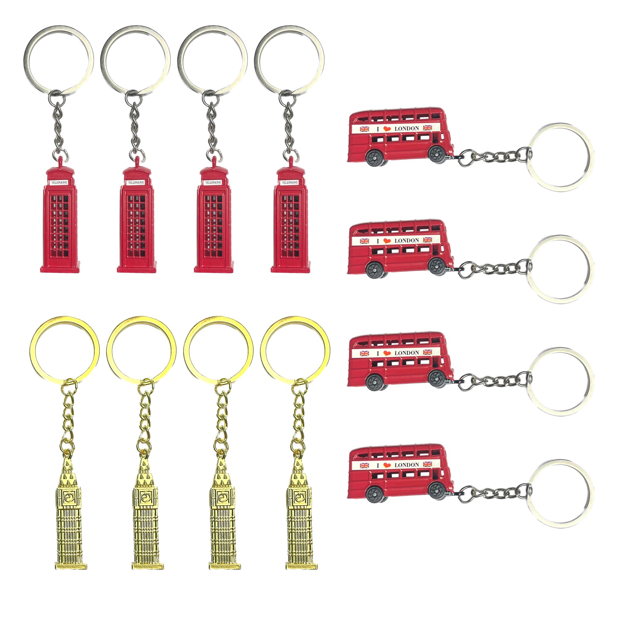 Lilaj Unisex Tel-4 Bus-4 Bb-4 London Souvenir Keychains, British Icons - Telephone Booth, Big Ben, Double-Decker Bus, 3D Replicas, Ideal For Keys & Bags, Home Decor Gift, Cute Keyring Ornament, Set Of 12