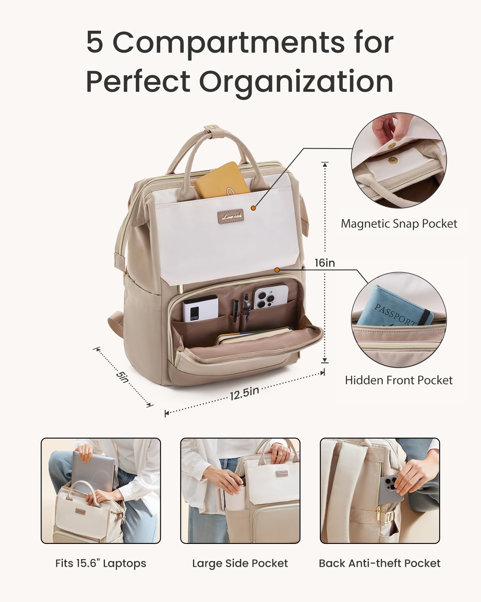 LOVEVOOK Backpack Womens, 15.6 inch Laptop Rucksack Bag for Ladies With Carrier Pocket for Large Cup, Hand Luggage Travel Backpack Waterproof College School Bag Casual Daypacks for Work Business Uni — view 4