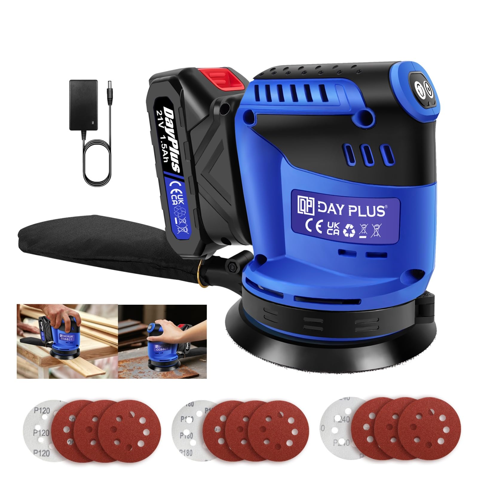 Levigatrice Rotorbitale a Batteria 21V, 125mm - 3 Velocità,11000 OPM,con Sacchetto Raccolta Polvere,1 batteria,1 caricatore,12 Carte Abrasive - Ideale per Legno, Laccature, Metallo e Ceratura