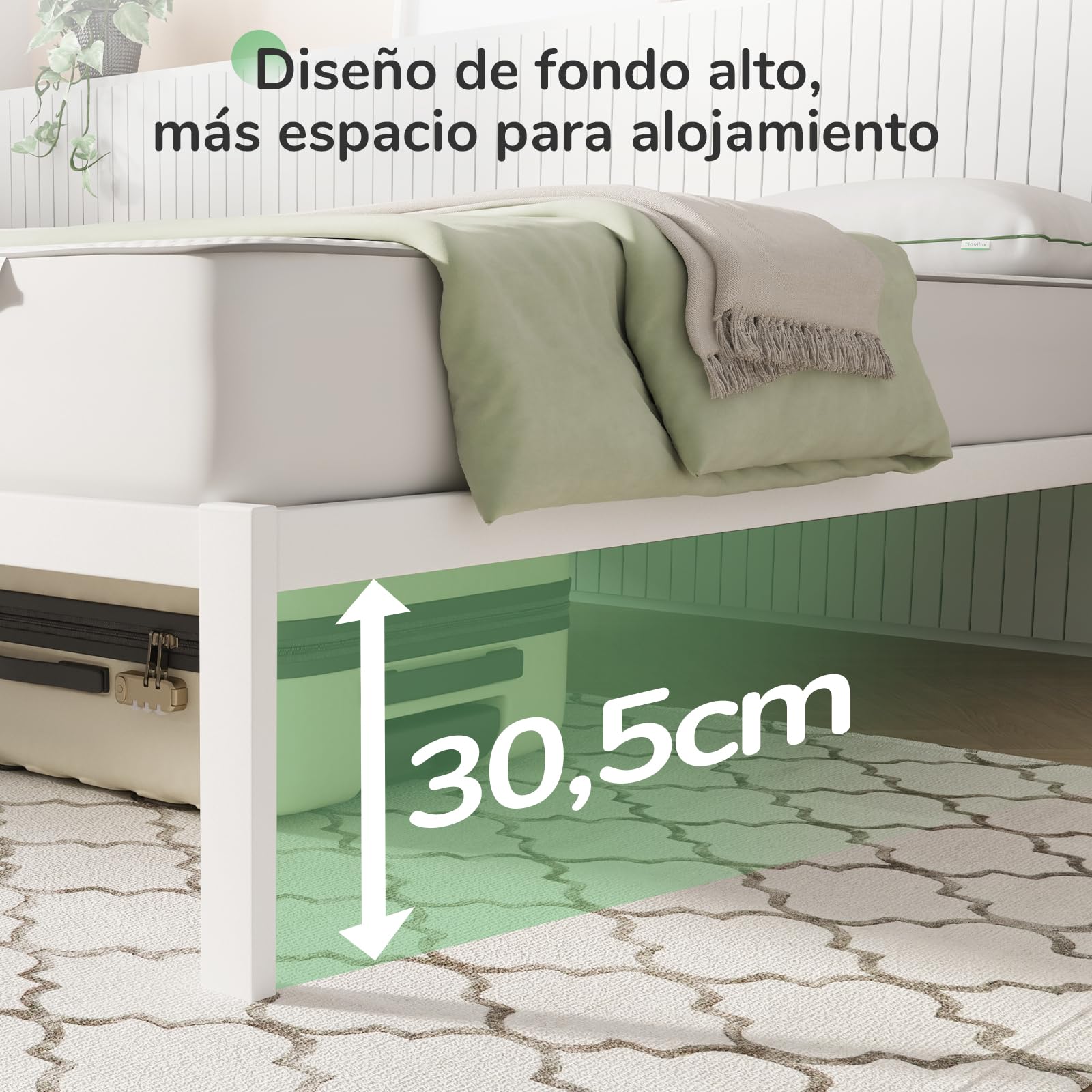 Novilla Somier 135x190 cm Láminas de Chopo Altura 30 cm Estructura de Cama Metal Blanco