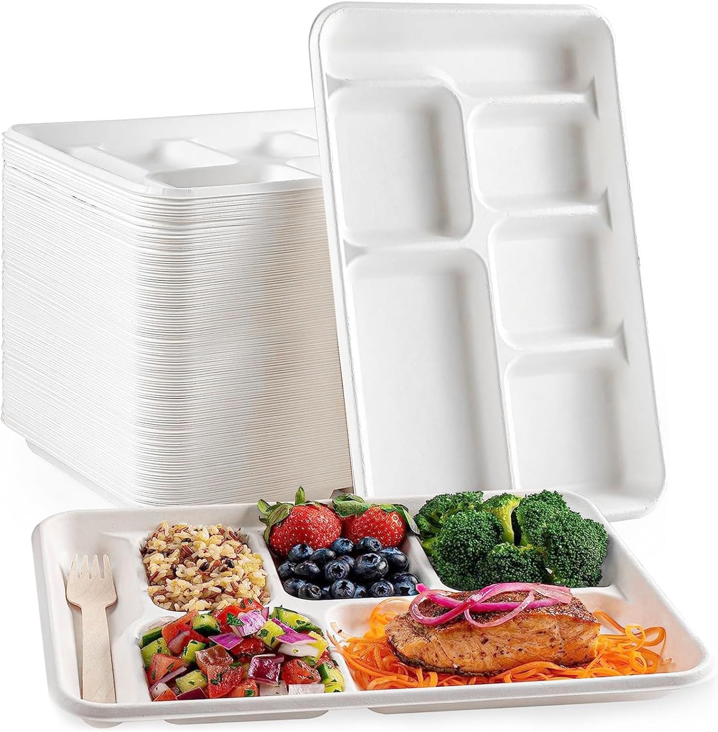 MALLOOM 100 Assiettes Jetables à 6 Compartiments, 30 cm Assiettes Compostables en Fibre de Canne à Sucre, Plateau Repas Résistant pour Cantine Scolaire, Fête, Buffet, Dîner (Passe au Micro-ondes)