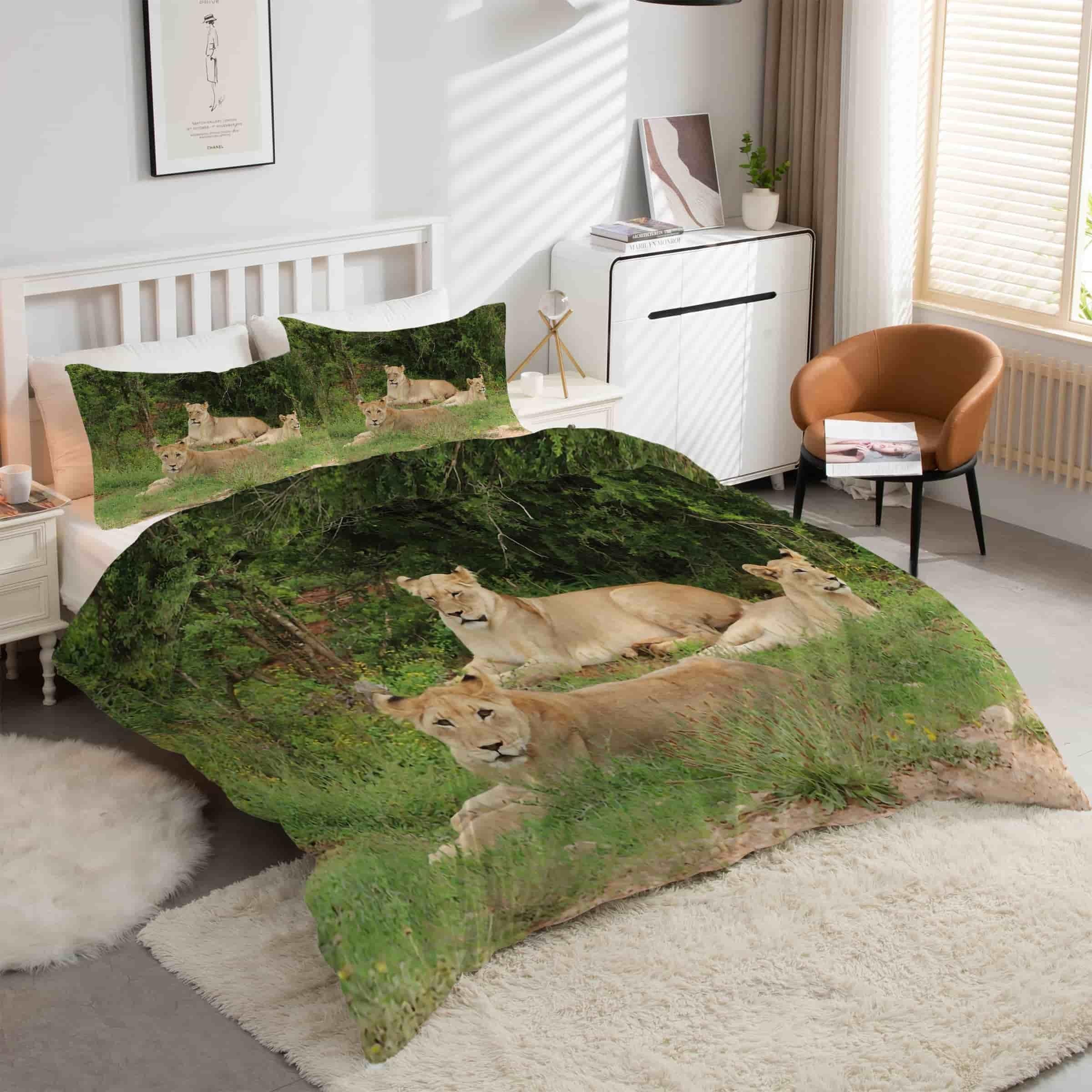 Housse de Couette 220x240 Animaux Lion avec 2 Taies d'oreiller kK3473