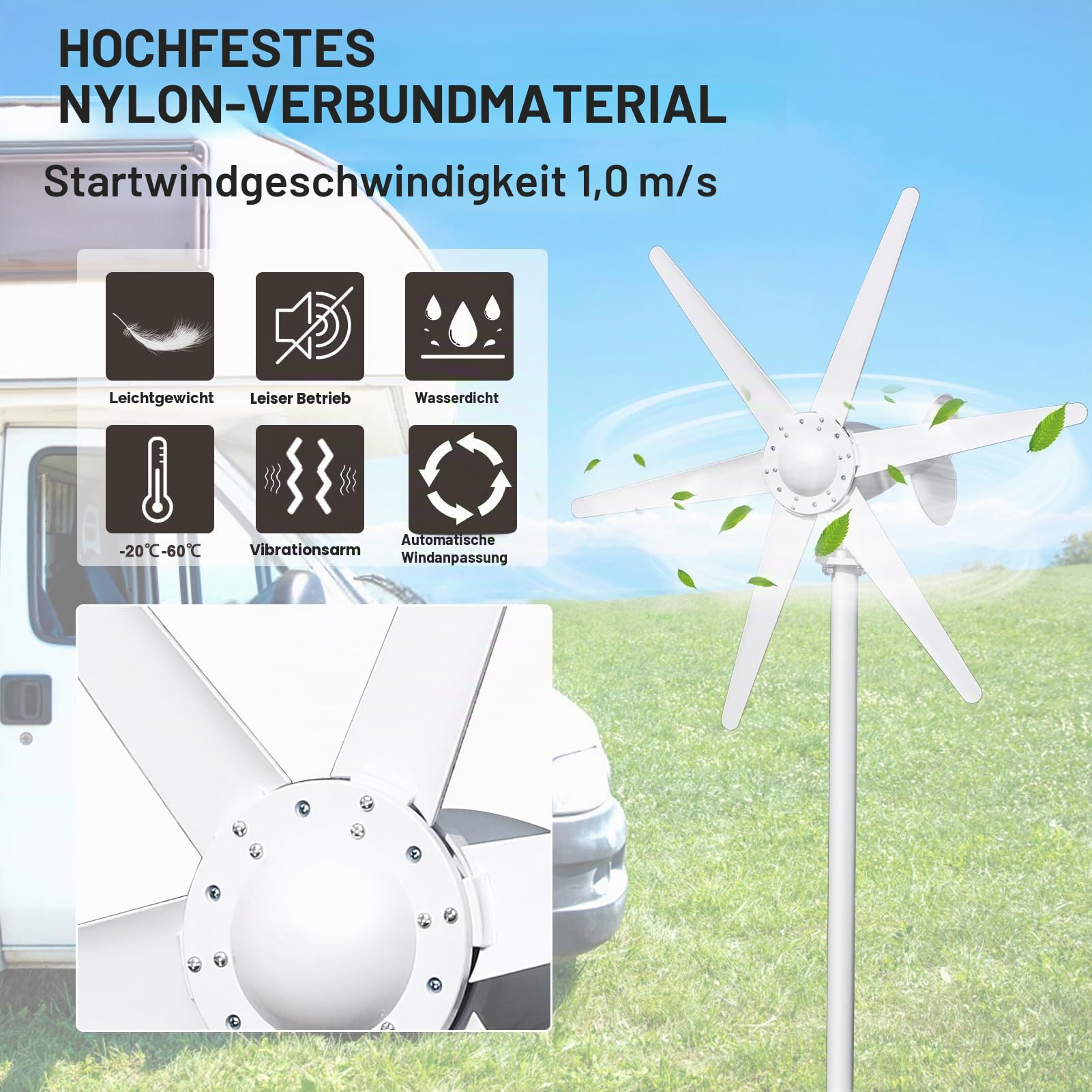 Windturbine Generator 800W 12V-24V mit 6 Blättern, niedrige Startwindgeschwindigkeit 1,0 m/s, Solar-Wind-Hybrid-Laderegler, Windrad für Haushalt, Boot, Solar-Insel-System (Weiß)