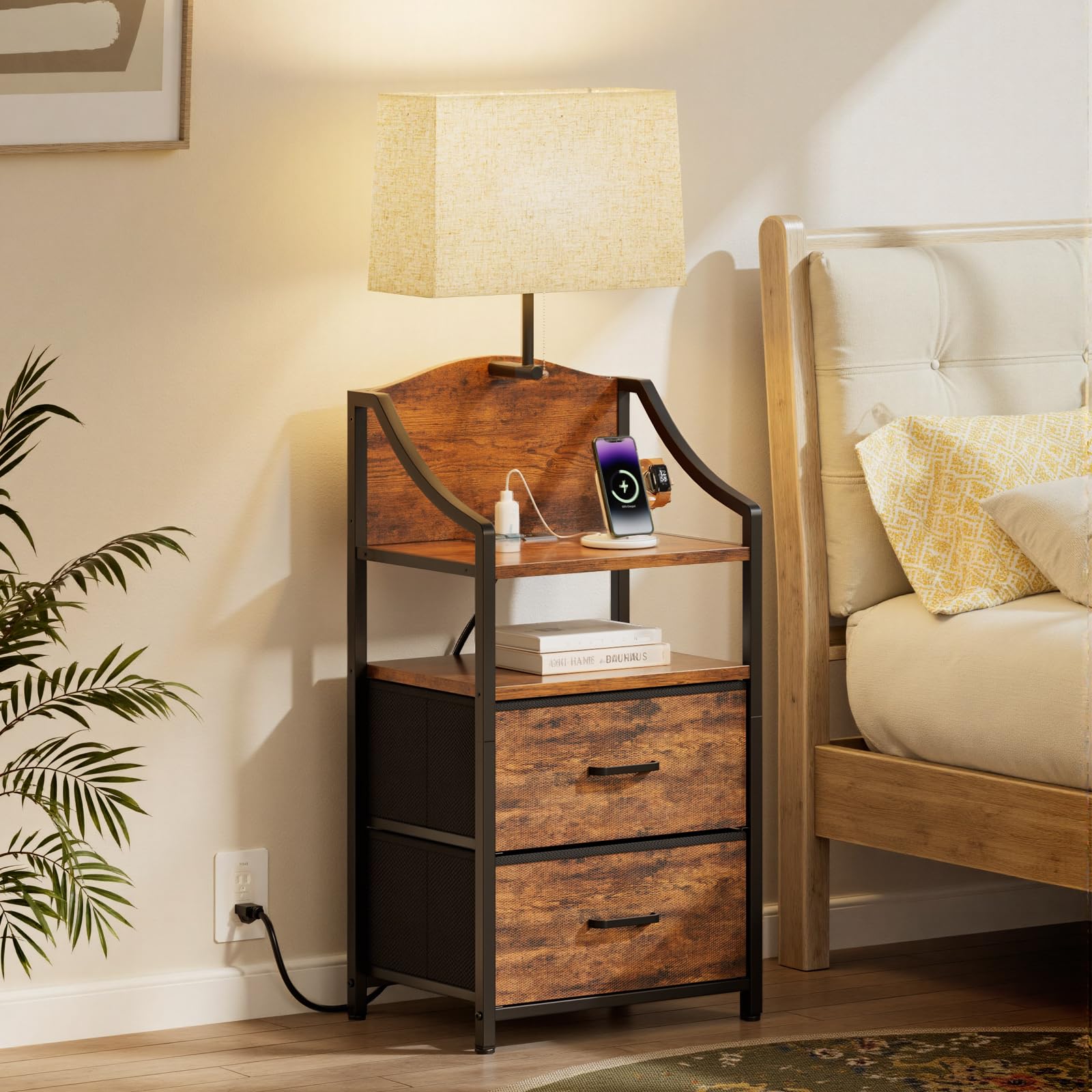 Photo 1 of Evermagin 45" Tall Nightstand with Charging Station & Light, Night Stand with 2 Fabric Drawer & Storage Shelf, Bedside Table End Table with USB Ports and Outlets for Bedroom, Dorm, Rustic Brown