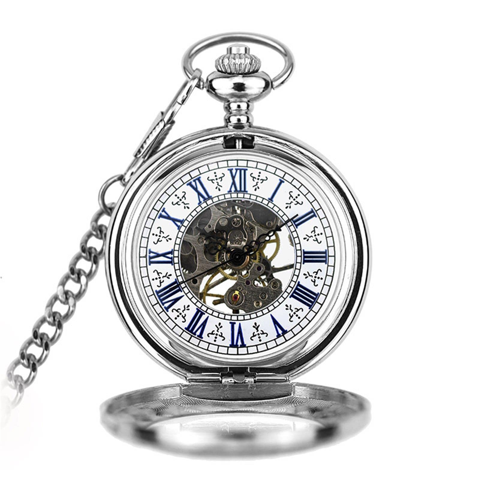 Reloj de Bolsillo con Cadena, Reloj Colgante Antiguo de Acero Inoxidable Plateado con Mecanismo mecánico Steampunk Vintage for Hombre y Mujer, con Cuerda Manual y Grabado