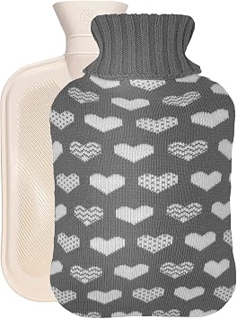 Hot Water Bag Hot Water Bottle 2 Liter Heat Up and Refreezable Hot Cold Pack with Knit Cover for Pain Relief Hot Cold Therapy, Love Pattern