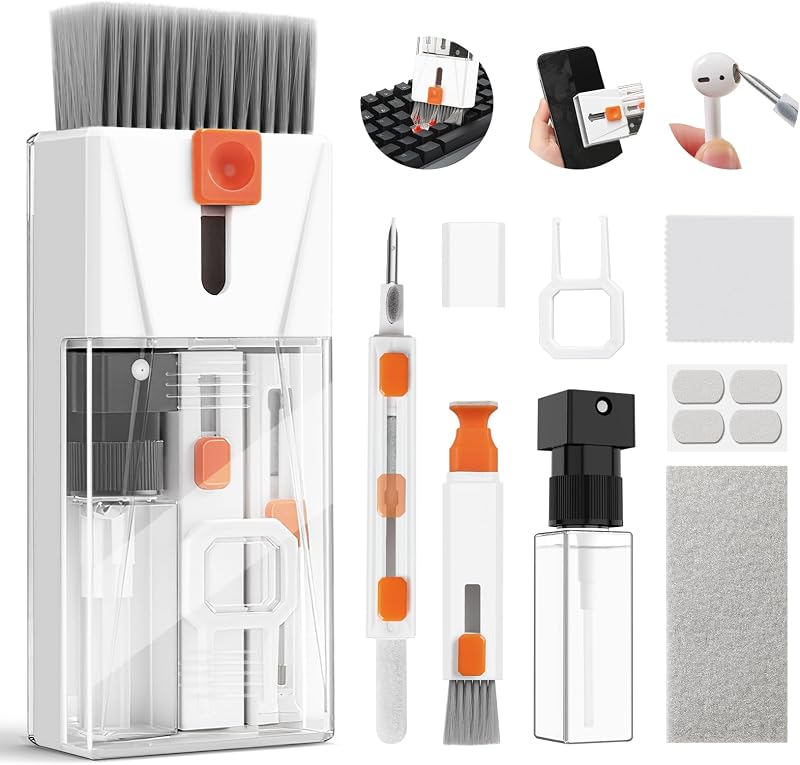 Keyboard Cleaner & Laptop Cleaning Kit, 15ml Spray, All-in-1 for Computer | Retractable Brush, Microfiber & Polishing Cloth, Keycap Puller, 3-in-1 Earbuds & Lens Pen, Safe for Airpod PC iPhone MacBook