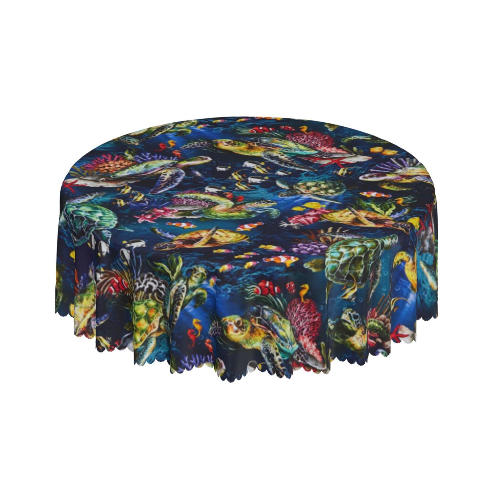 Lsjuee Sea Turtle Seabed Coral Fish Round Tablecloth 60 Inch Printed Washable Tablecloth for Dining Party Holiday Fall Home Decorative