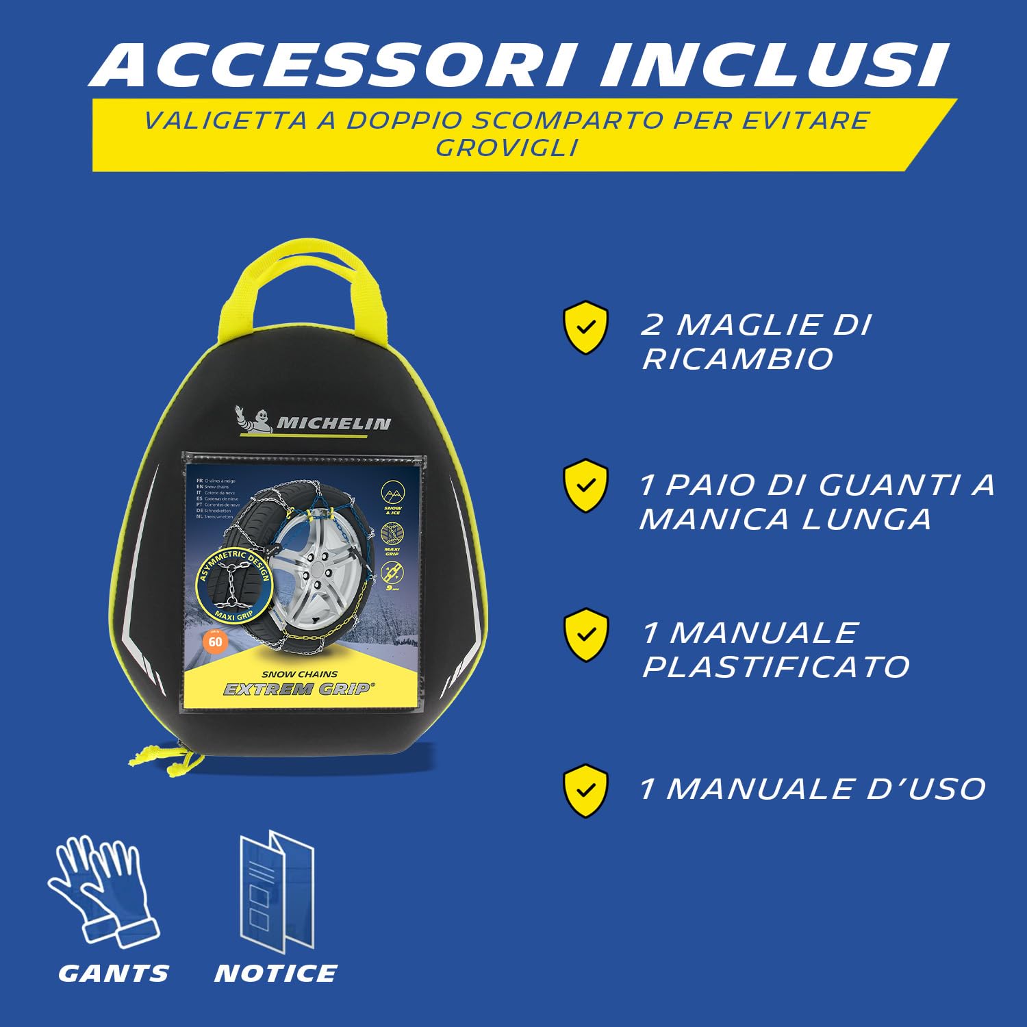 MICHELIN Catene da Neve Extrem Grip 90 - Omologate EN 16662-1 Maglie 9mm - Catene Metalliche Auto ABS ESP - Con Tenditore