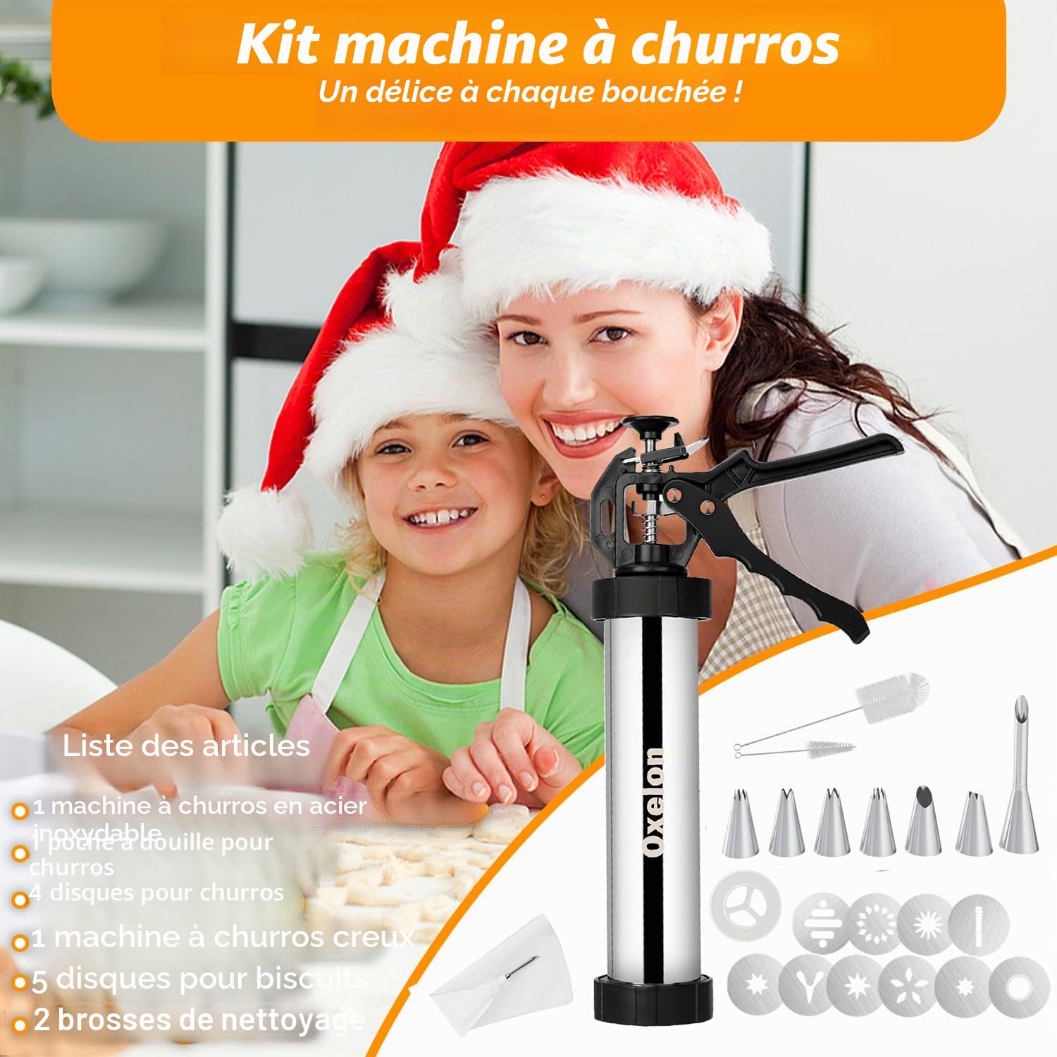 Machine à churros, kit de fabrication de churros en acier inoxydable 21 pièces, pistolet à biscuits, churros creux avec sac à douilles, 7 douilles à pâtisserie, 9 disques à biscuits et 2 pinceaux, kit