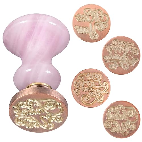 rockcloud Juego de sellos de cera, 4 sellos de cera de sellado de cobre con 1 mango de sello de cuarzo rosa para tarjetas, sobres, decoración de