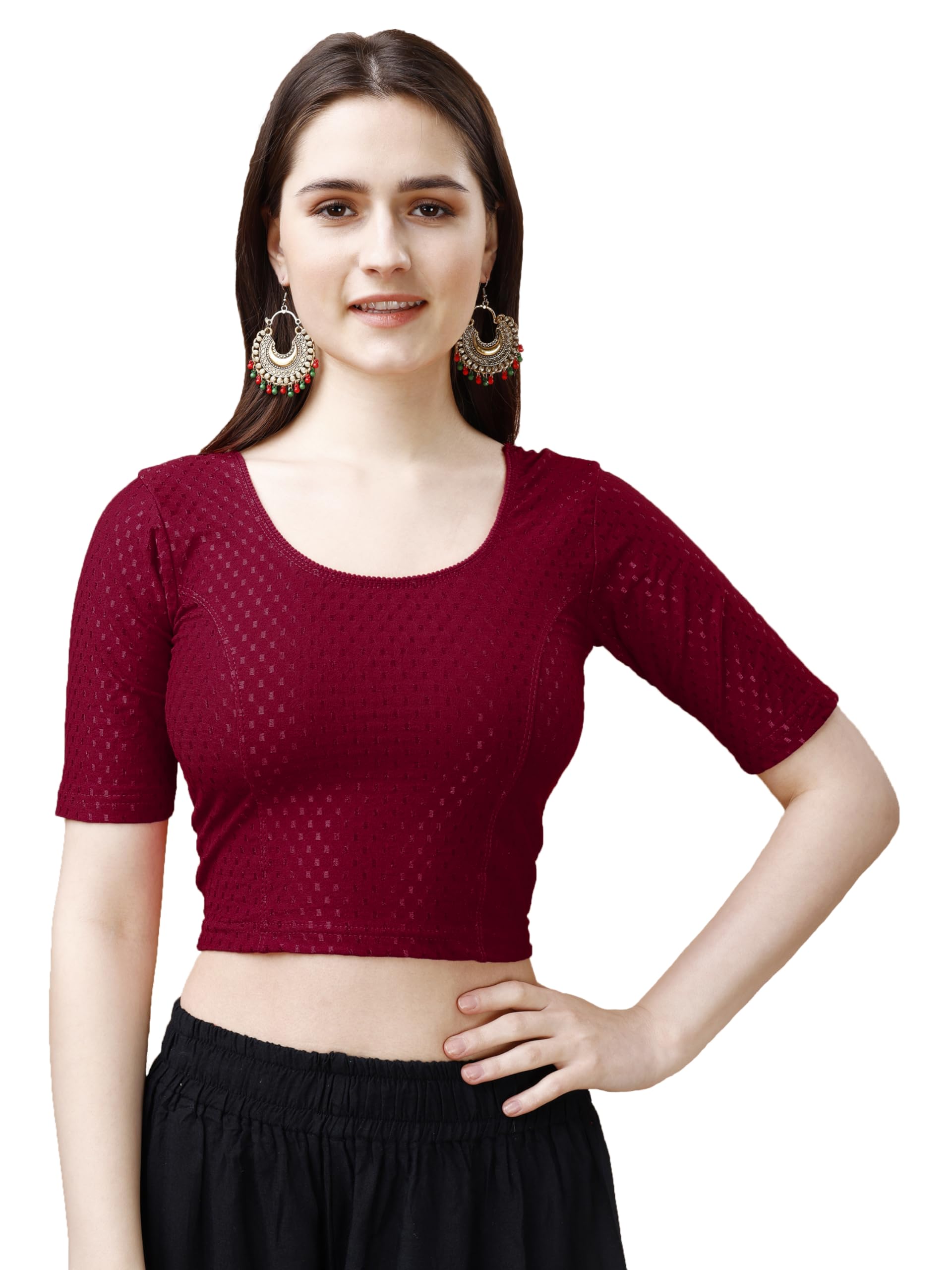 Pujia Mills Women's Readymade Dobby Cotton Lycra Stretchable Round Neck Half Sleeve Blouse Fancy Maroon Color Lycra Stretchable Blouse For Women Stylish Readymade Saree Blouse