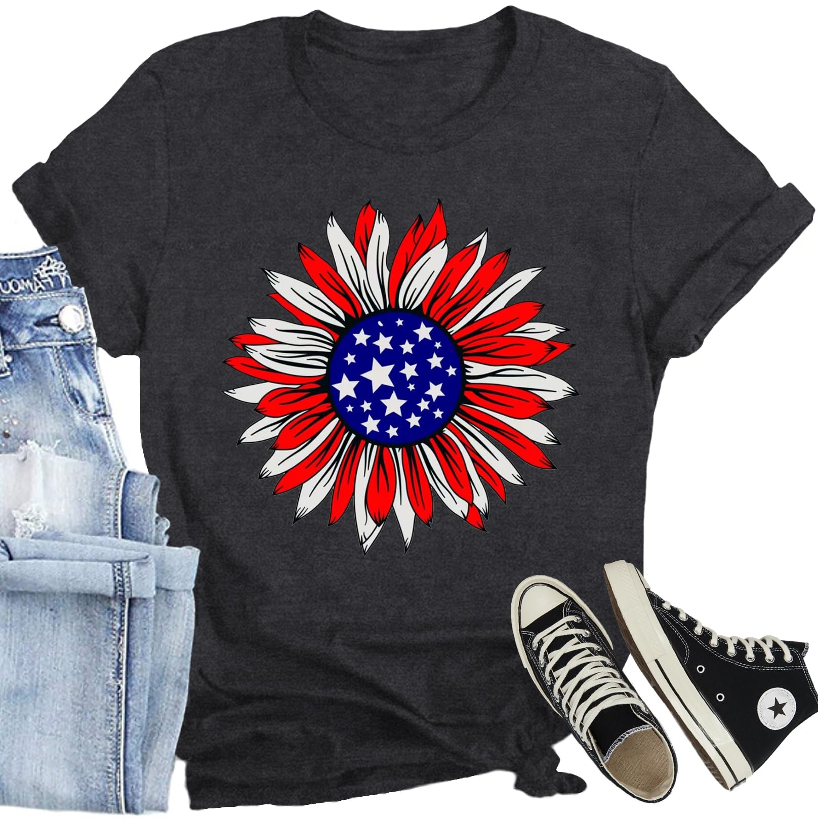 CQF Women American Sunflower Shirt Funny American Flag T-Shirt 4th of July Patriotic Tee Tops