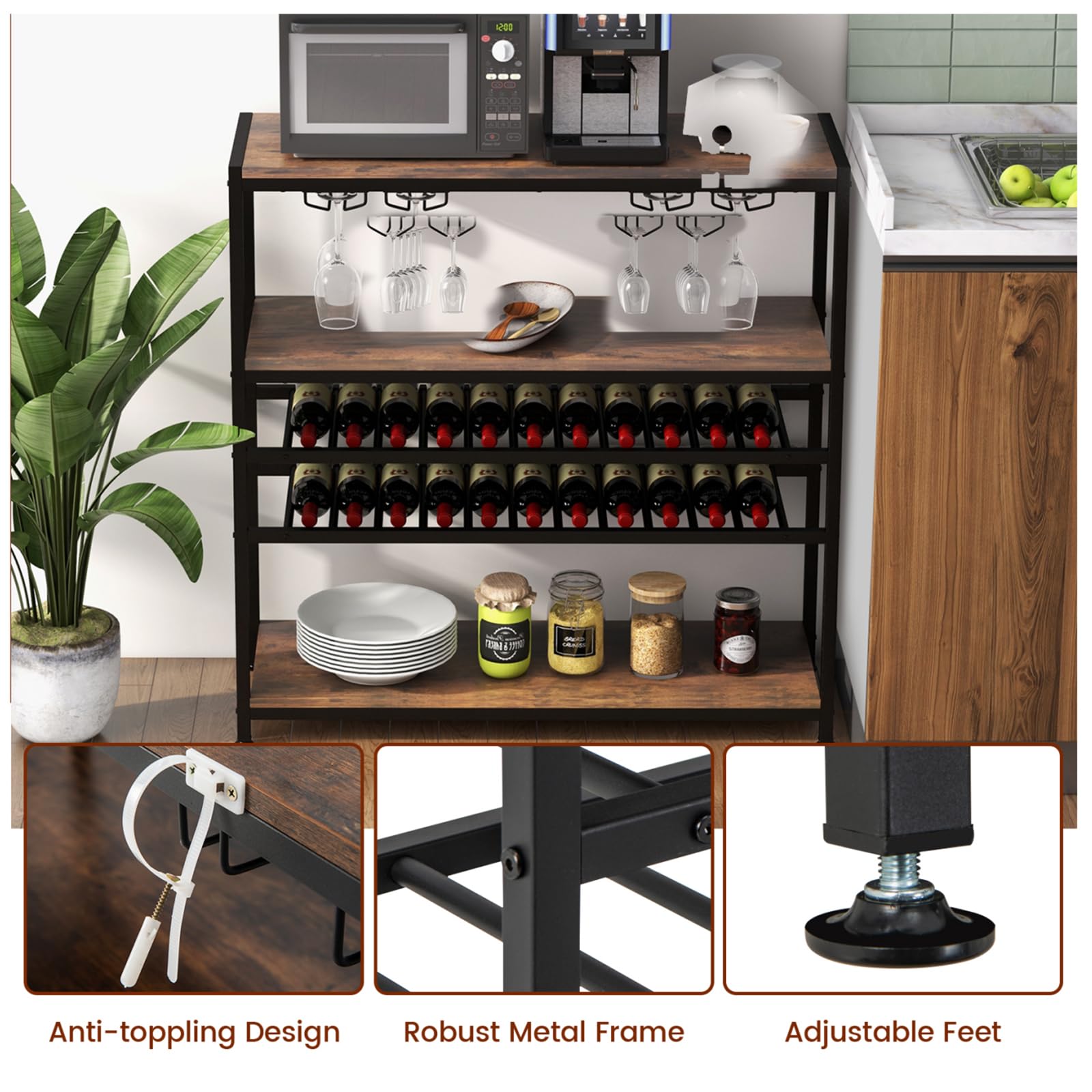 KOMFOTTEU Mueble Bar de 5 Niveles, Armario de Vino con Botellero para 22 Botellas y Portavasos para 20 Copas, Estantería de Almacenamiento para Cocina, Comedor, 100 x 35 x 101 cm