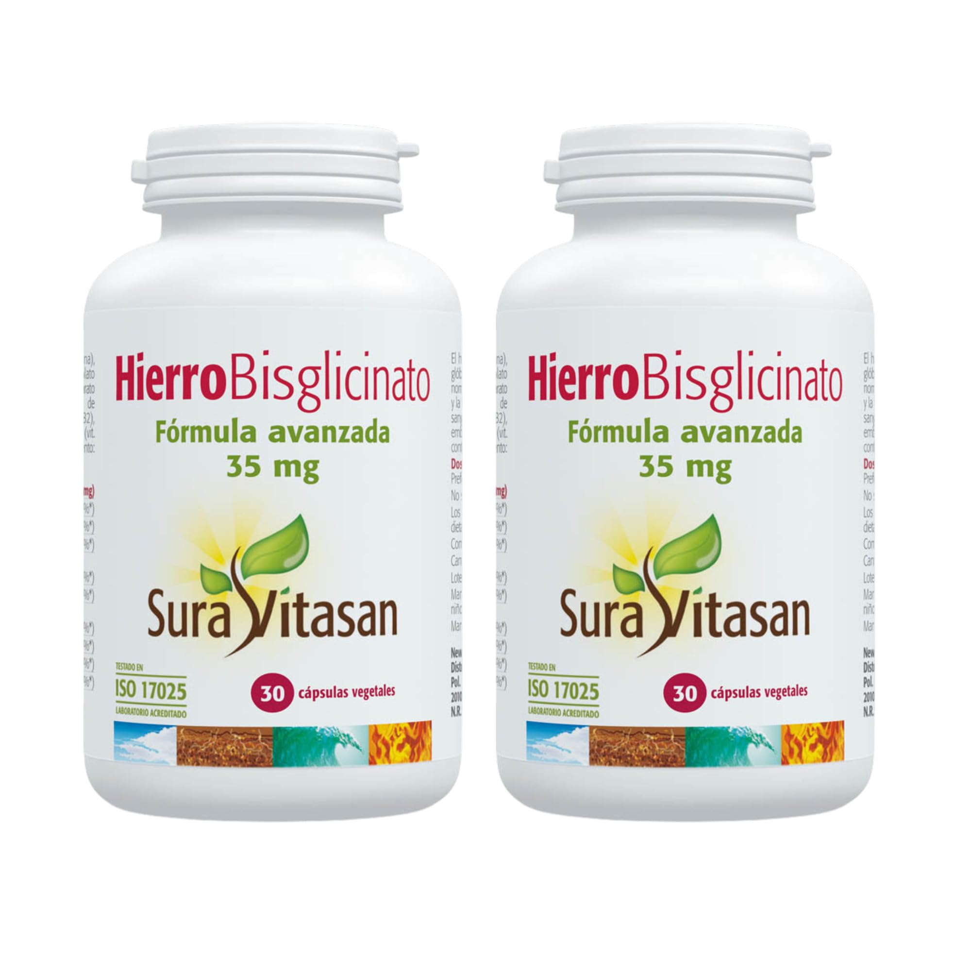 SURA VITASAN Hierro Bisglicinato 35 mg Pack de 2 x 30 (60 Cápsulas) - Formación de Glóbulos Rojos y Hemoglobina - Reducción del Cansancio y la Fatiga - con Vitaminas B, C y Cobre