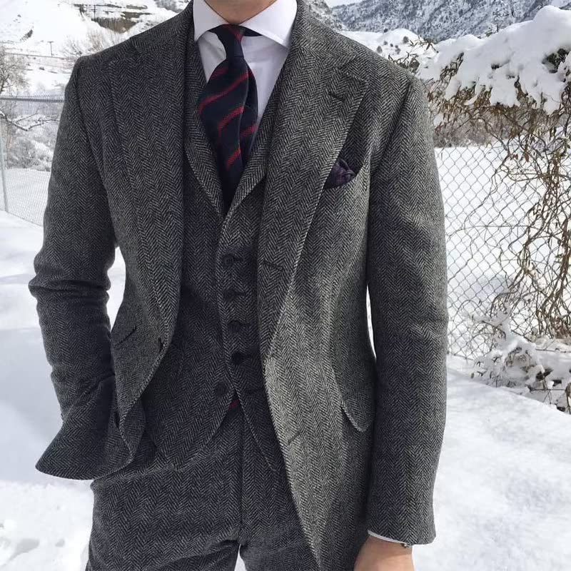 Mens Tweed Suit 3 Piece Slim Fit Vintage Peak Laper Blazer Single Breasted Vest Pants Prom Suits for Men2