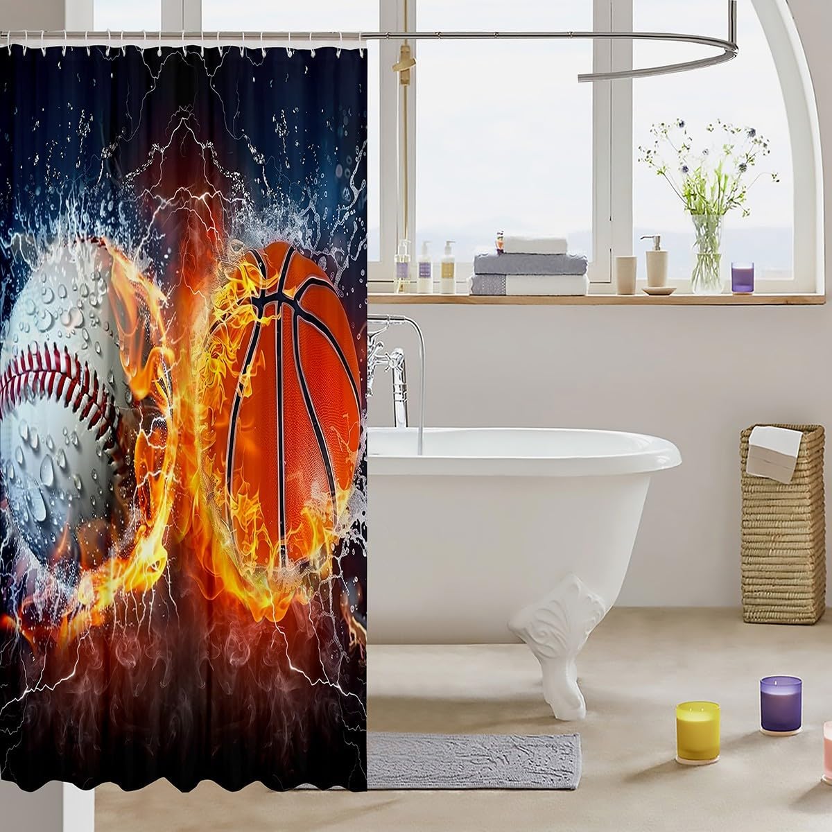 Baseball Basketball Shower Curtains,Ice Fire Collision Bathroom Curtains for Kids Teens Boys,Extreme Ball Sports Game Waterproof Bath Curtains,with 12 Hooks Suits for Bathtub, 72" W x 84" L,Modern