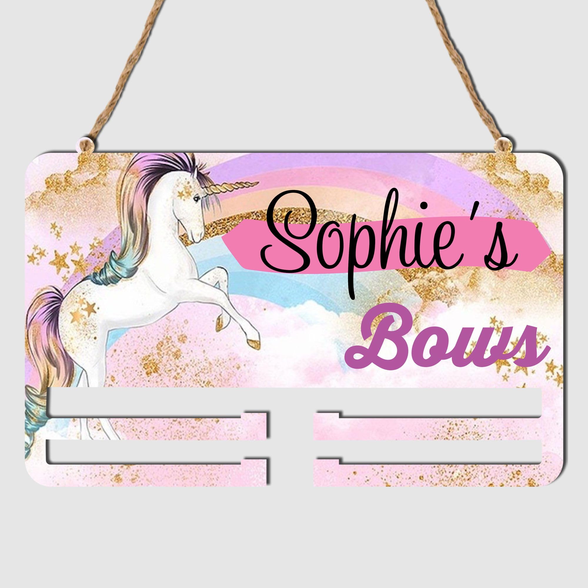 Pixie's Gifts Personalised Hair Bow Holder for Girls - Storage Rail for Girl's Bedroom Wall Decor - Great Gift for Girls who Love Hair Bows (Double Rail, Unicorn)