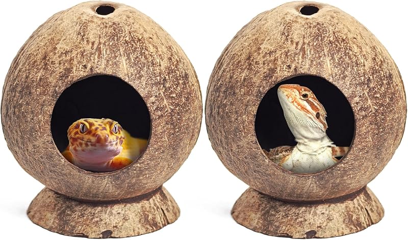 Esconderijo de coco natural para répteis e pequenos animais PINVNBY HL0936, pacote com 2