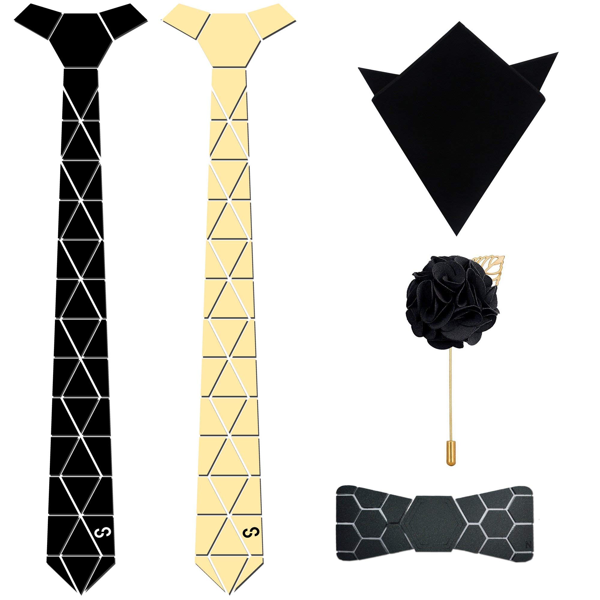 Mirror Pre Tied Reversible Metallic Mirror Tie Pocket Square and Brooch Pin Bow Tie Set for Men - Diamond Cut Design (Free Size, Golden & Black)