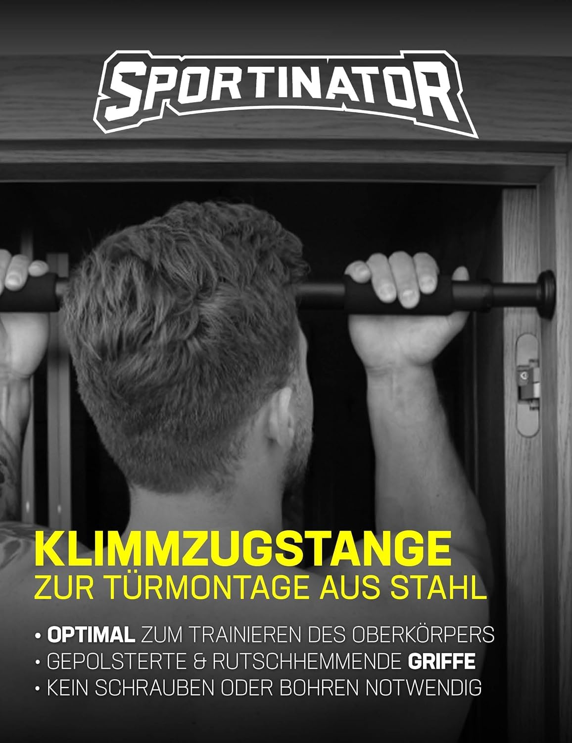 SPORTINATOR® Barra de dominadas para montar en el marco de la puerta para el gimnasio en casa. Longitud de 60 a 102 cm, compacta, segura y rápida, sin taladrar, soporta hasta 150 kg